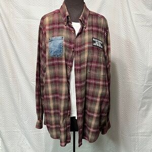 Upcycled Plaid Button-Up Flannel Shirt with Denim Pocket